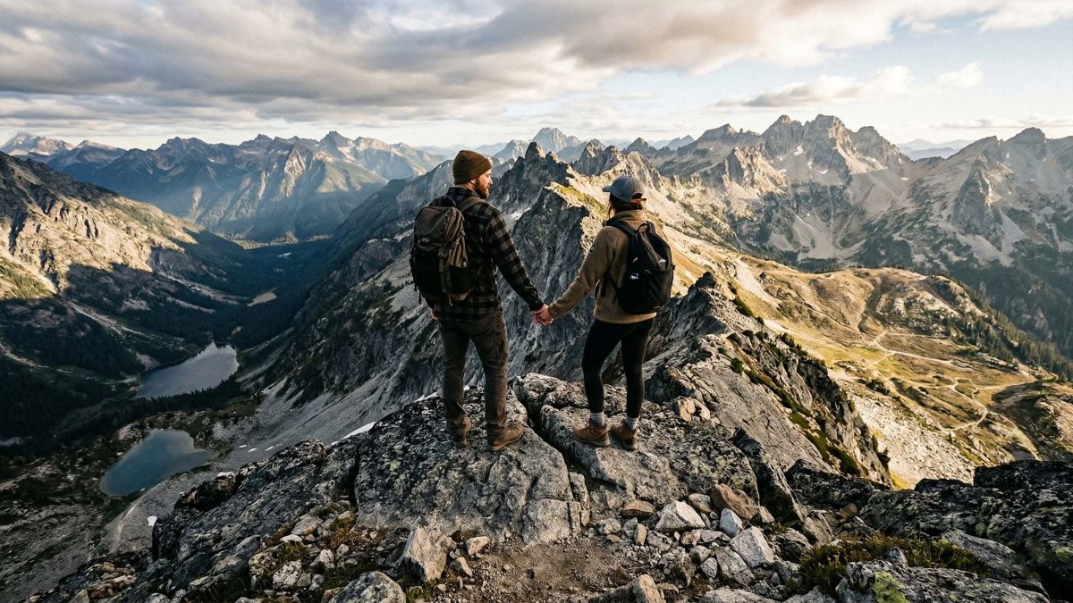 A man and woman standing together on a rocky peak, symbolizing partnership through different perspectives.
