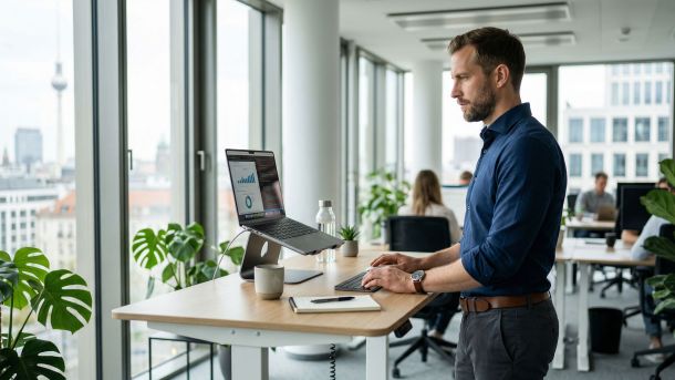 Geschäftsmann nutzt einen Stehschreibtisch zur Verbesserung von Haltung und Durchblutung.