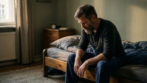 Mann sitzt morgens am Bettrand und reflektiert die Auswirkungen von Schlafmangel und Stress