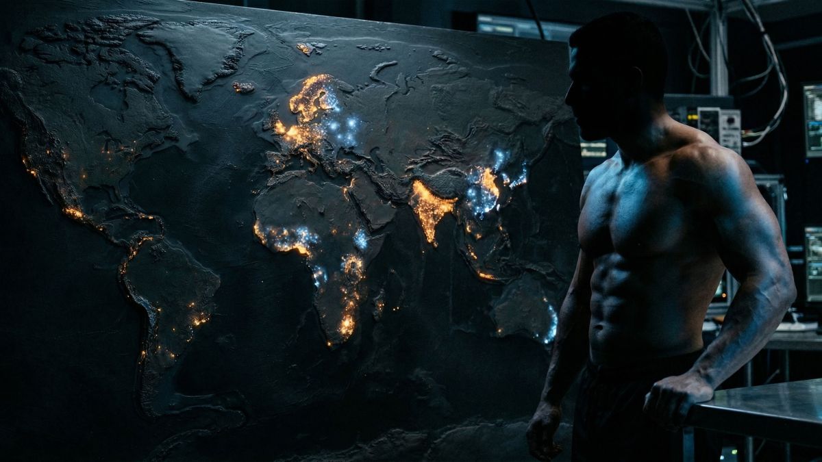 Mapa mundial topográfico com dados biométricos destacando variações regionais masculinas em altura, testosterona e músculos