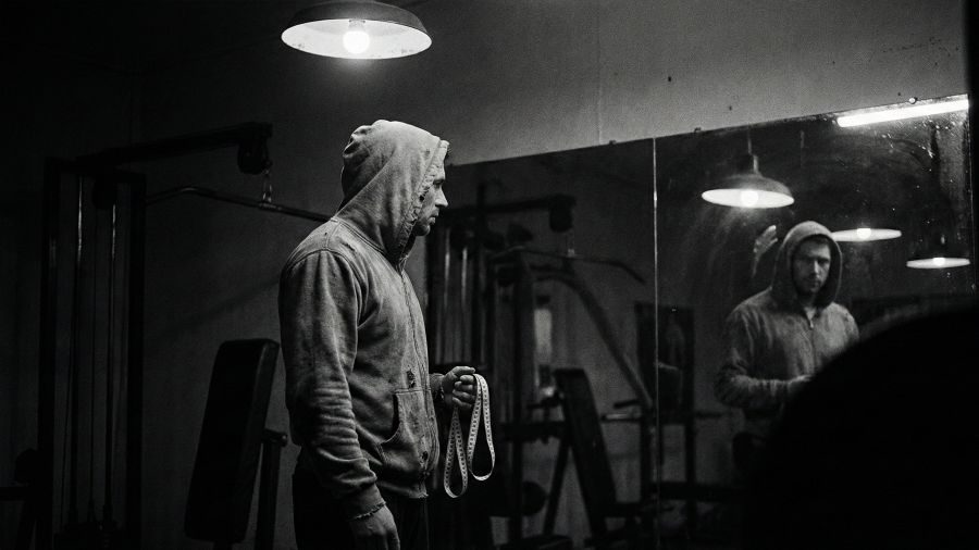 Un homme examinant son reflet, symbolisant la pression des statistiques physiques masculines.