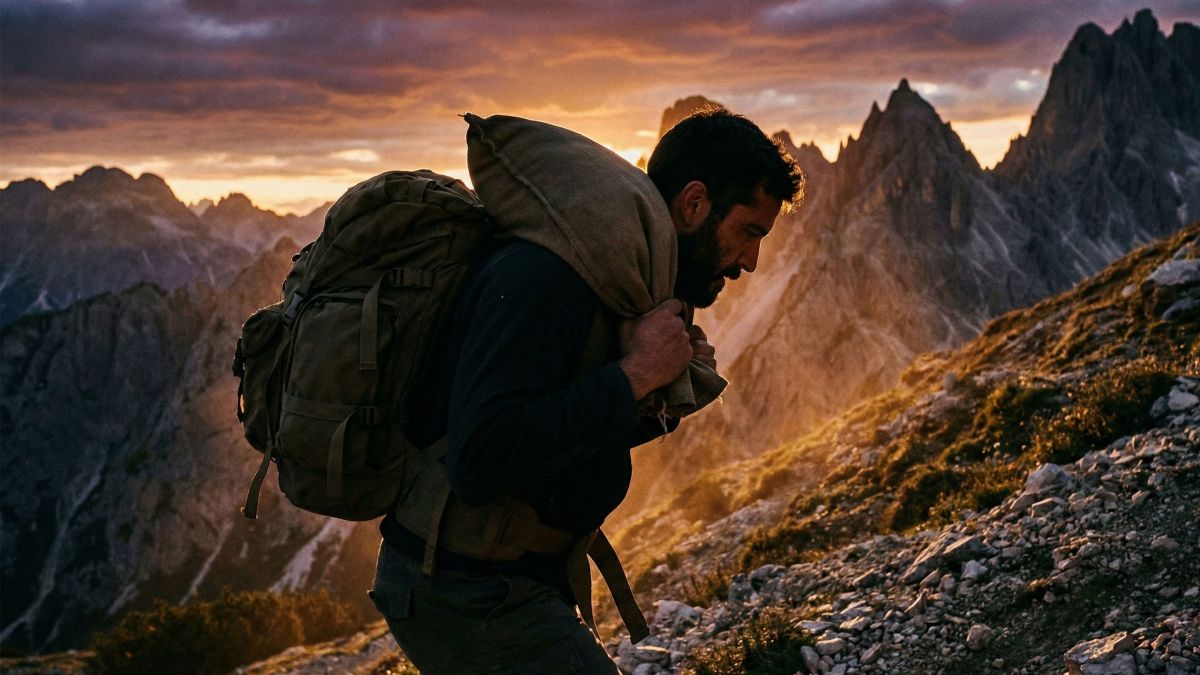 Um homem com equipamento robusto realizando um exerc&iacute;cio funcional de carga ao ar livre, representando o treinamento de guerreiros antigos.