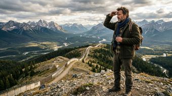 Un homme observant une frontière nationale, symbolisant la protection de la souveraineté.