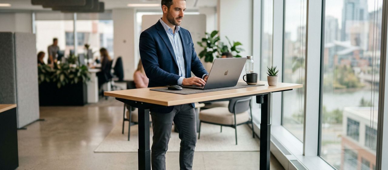 Homme professionnel utilisant un bureau debout pour améliorer la circulation pelvienne et la posture.