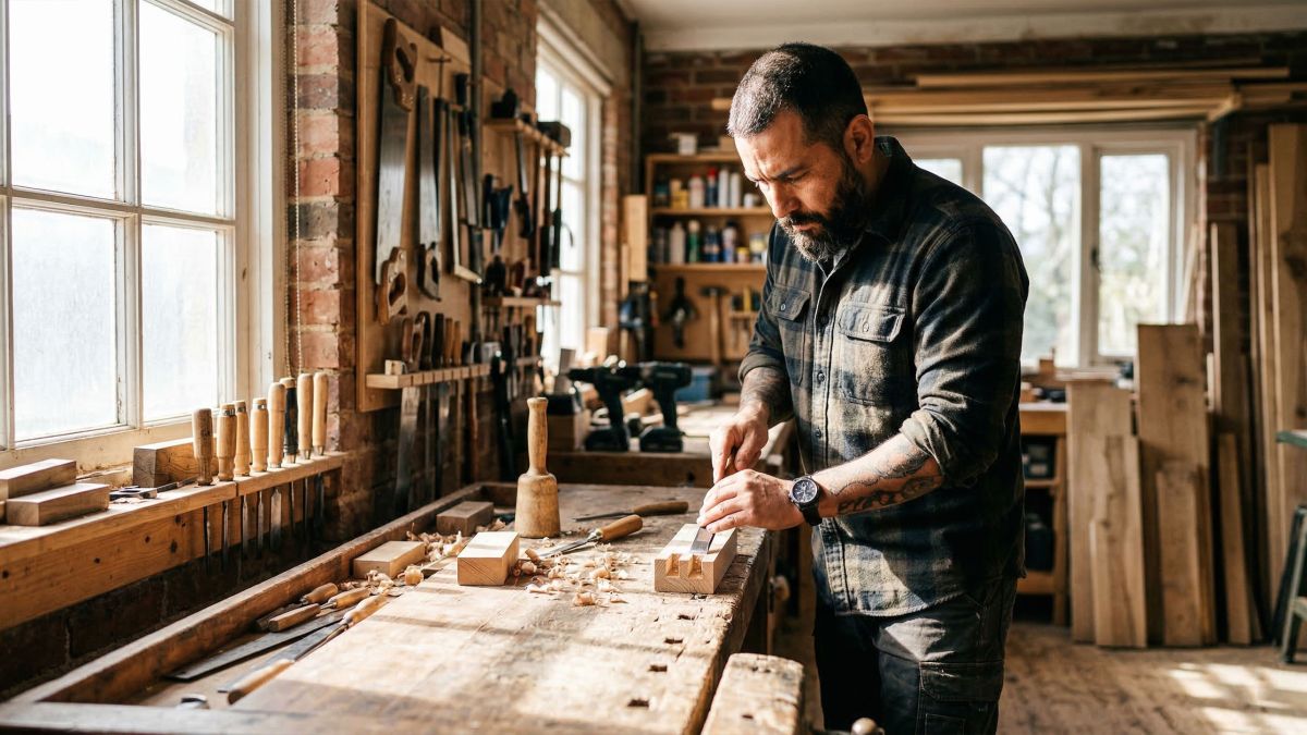 Un hombre en un taller simbolizando el enfoque enfocado y mecánico de la comunicación en pareja.