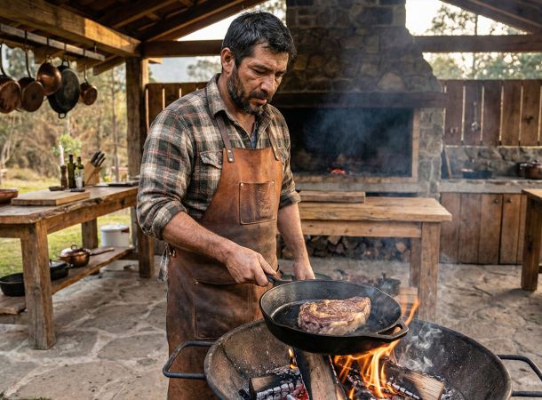Un hombre preparando comida rica en proteínas para el rendimiento en un entorno rústico.