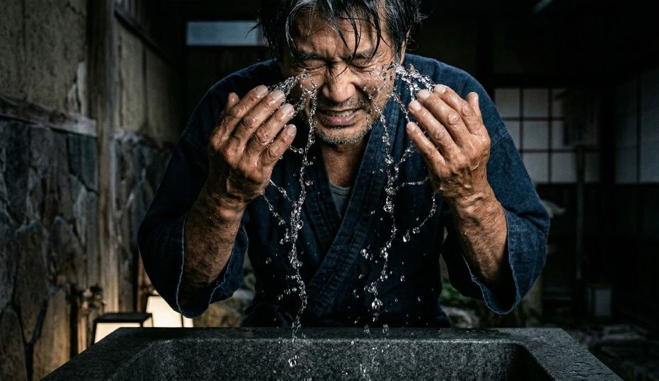 短いひげの男性がミニマルな浴室で顔に水をかけている。