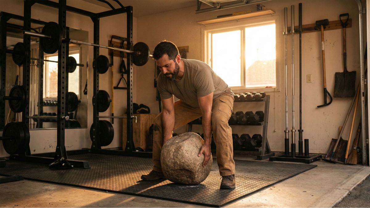 Um homem realizando um levantamento com objeto irregular para desenvolver força funcional de guerreiro.