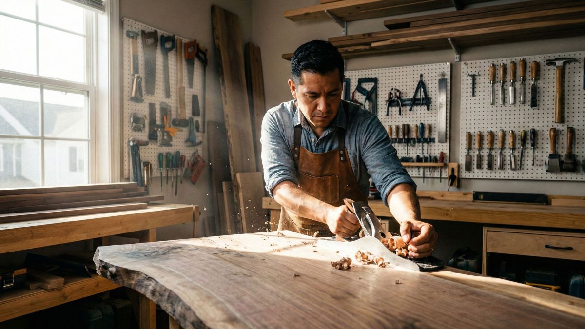 Um homem trabalhando em um projeto artesanal em sua garagem para construir um propósito fora do trabalho.