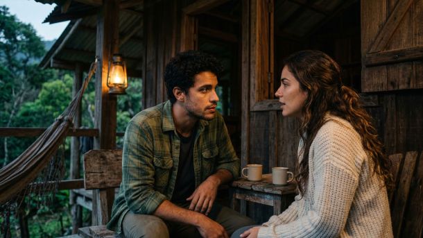 Um homem confiante ouvindo atentamente uma mulher em um ambiente externo rústico.