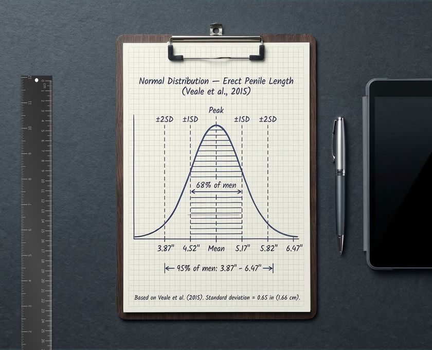 A steel ruler beside a clipboard showing a statistical bell curve — representing clinical data from the 2015 penile size meta-analysis of 15,521 men.