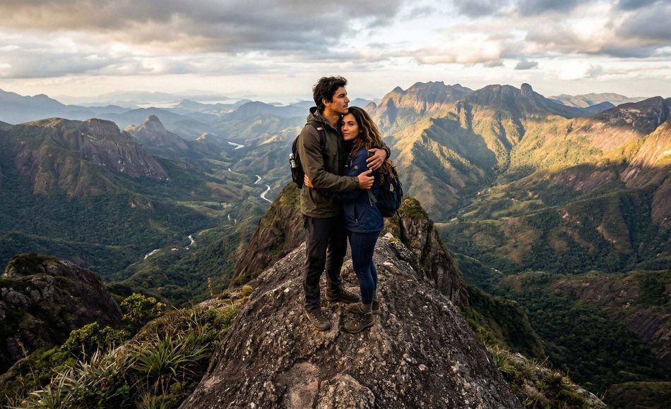 Homem e mulher em um pico rochoso simbolizando parceria com perspectivas diferentes.