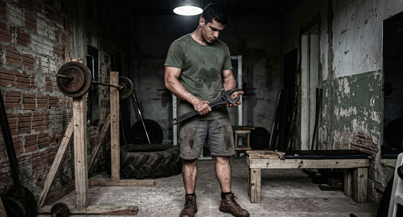 Um homem focado em força funcional em ambiente rústico.