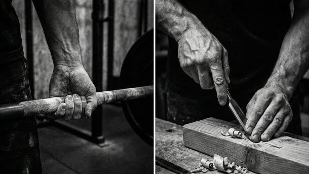 A man focusing on physical competence and manual labor as a form of body acceptance.