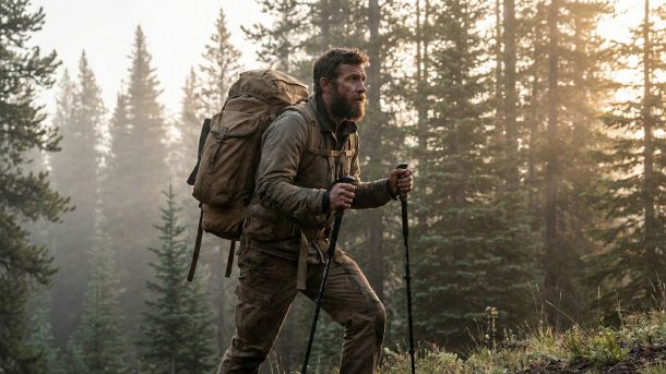 A fit man hiking outdoors representing rugged masculine health and peak physical performance.