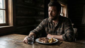A rugged man sitting at a wooden table enjoying a hearty, traditional meal.