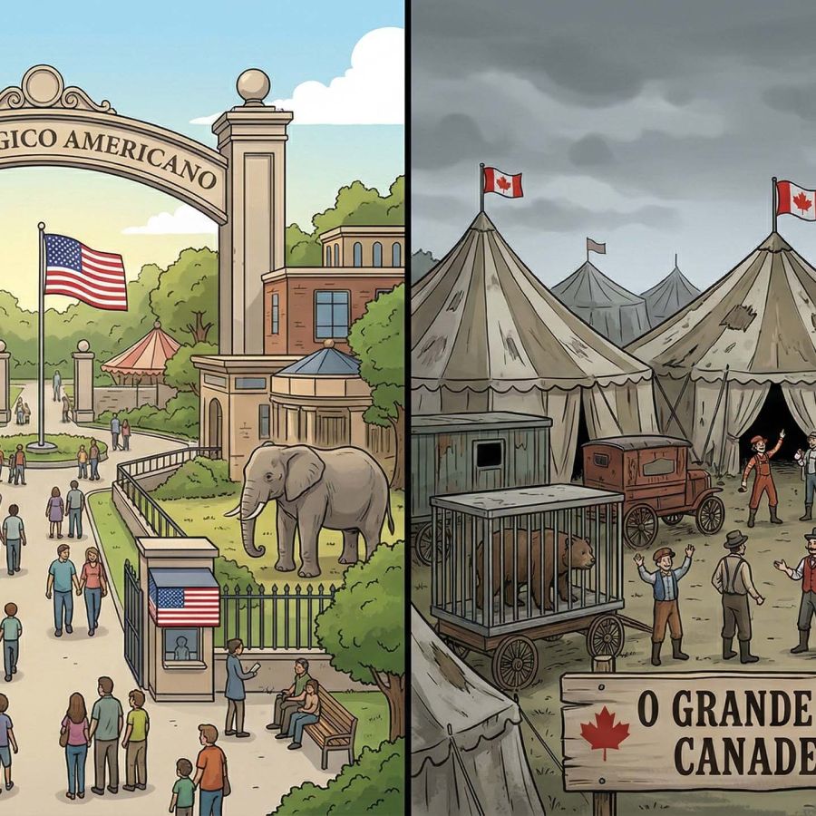 Ilustração mostrando o zoológico político americano moderno e o circo político canadense decadente.