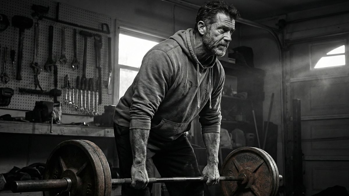 Hombre maduro realizando un peso muerto pesado para mantener la masa muscular y la densidad ósea.