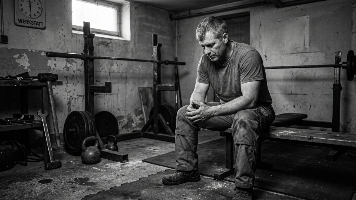 Ein Mann konzentriert sich auf funktionelle Stärke in rauer Umgebung.