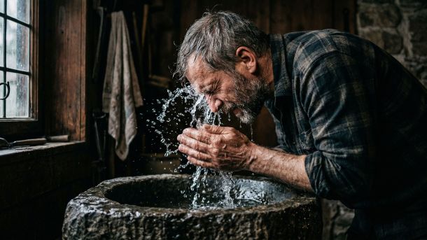 Ein Mann mit kurzem Bart spritzt sich Wasser ins Gesicht in einem minimalistischen Badezimmer.