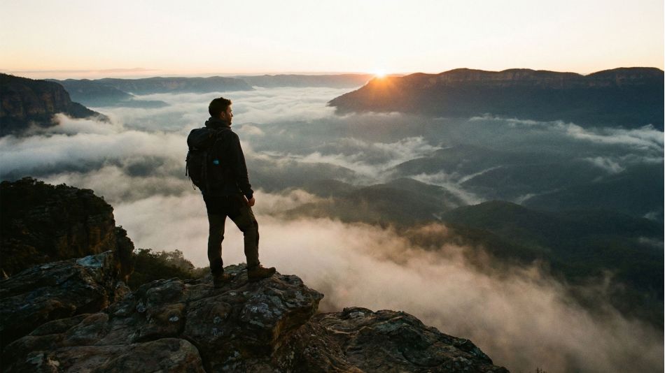 Ein Mann blickt während einer Solo-Expedition auf eine raue Berglandschaft.
