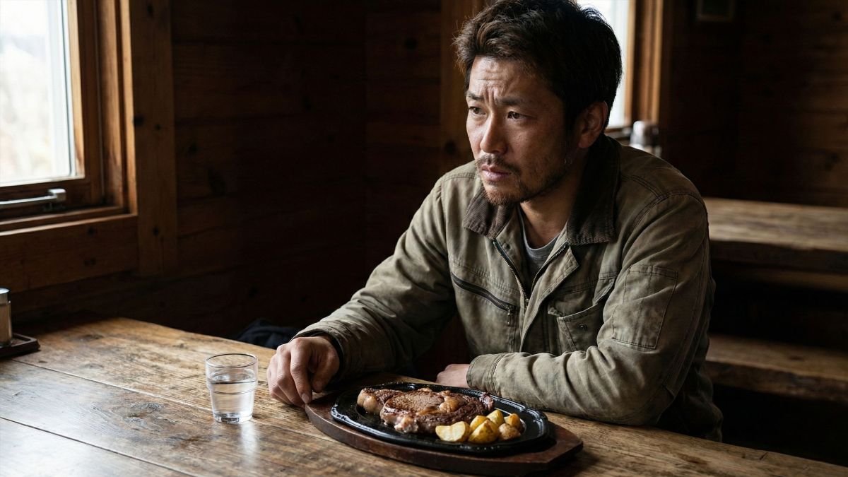 木製のテーブルで伝統的でボリュームのある食事を楽しむ、たくましい男性。