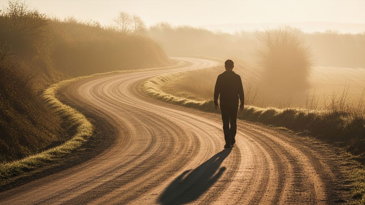 Hombre caminando camino sinuoso al amanecer para reflexión viaje masculino