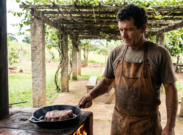 Um homem preparando alimento rico em proteínas para desempenho em um ambiente rústico.