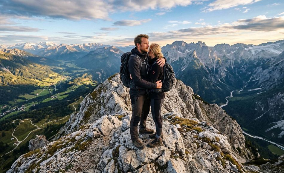 Ein Mann und eine Frau auf einem felsigen Gipfel als Symbol für Partnerschaft trotz unterschiedlicher Perspektiven.