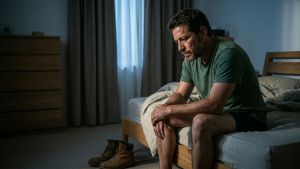 Hombre sentado al borde de la cama al amanecer, afectado por el estrés y la falta de sueño