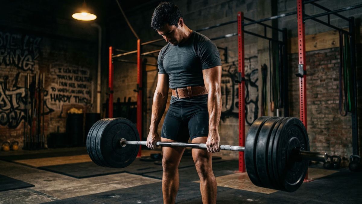 Homem realizando levantamento terra com barra pesada, utilizando um sistema de contração completa do corpo, representando o engajamento do assoalho pélvico e a estabilidade do core em atletas do sexo masculino.