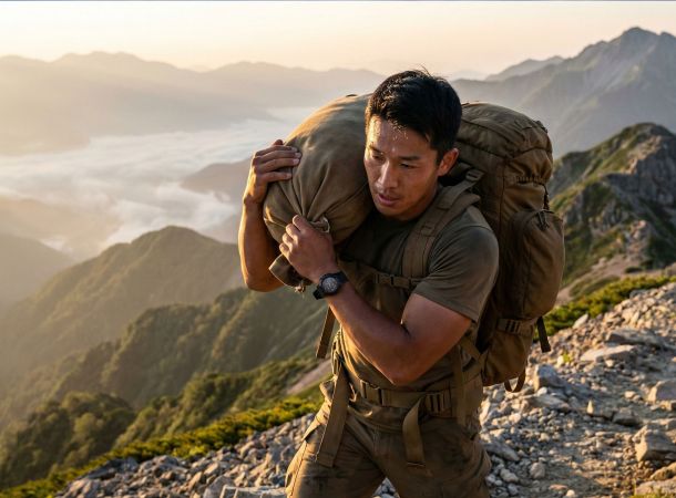 屋外で機能的な担ぎ運動を行う、屈強な装備の男性。古代戦士の訓練を象徴している。
