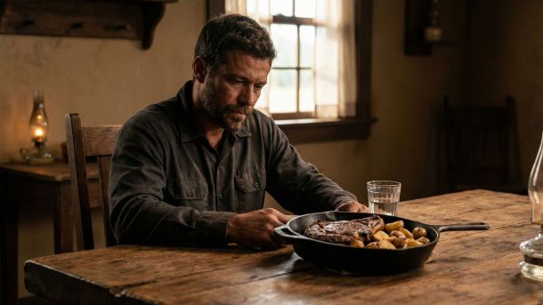 Um homem forte sentado à mesa de madeira, apreciando uma refeição tradicional e farta.