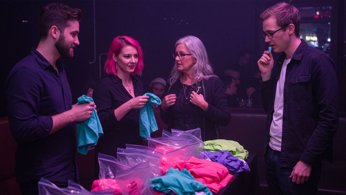 Hombres y mujeres en una fiesta de feromonas oliendo camisetas y conociéndose a través de un emparejamiento basado en el olor.