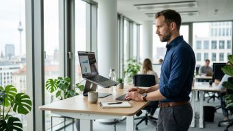 Geschäftsmann nutzt einen Stehschreibtisch zur Verbesserung von Haltung und Durchblutung.