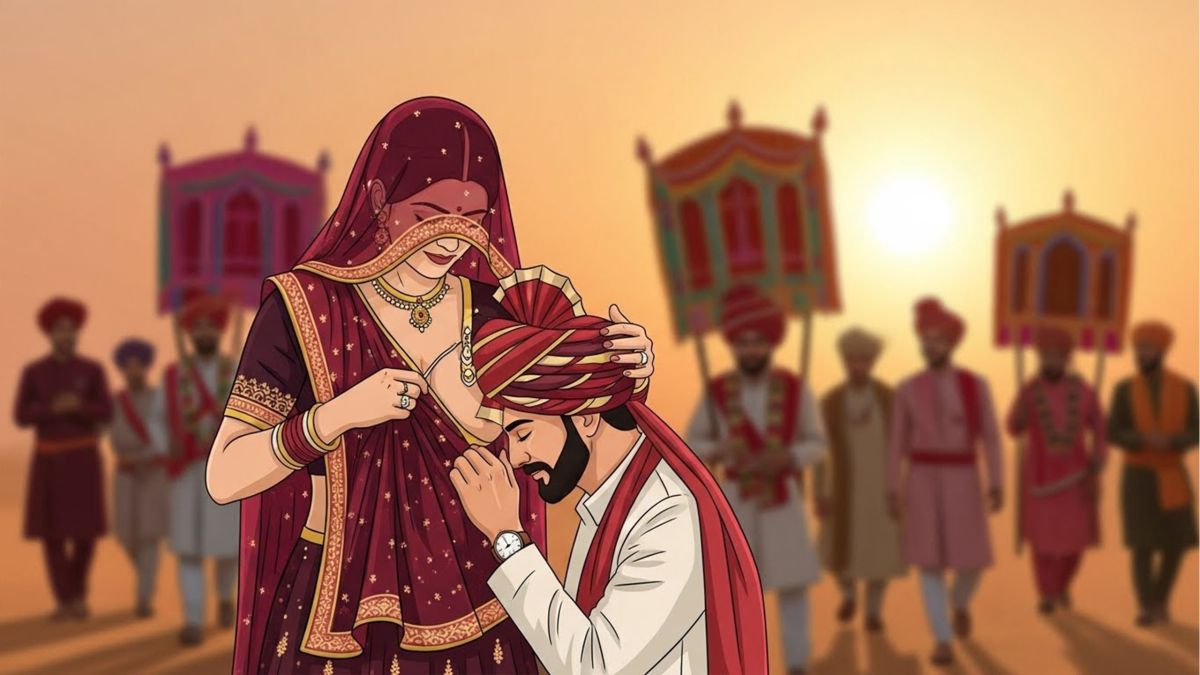 Illustration des Ma ka Doodh Pilana Rituals bei der Rajasthani Hochzeits-Baraat