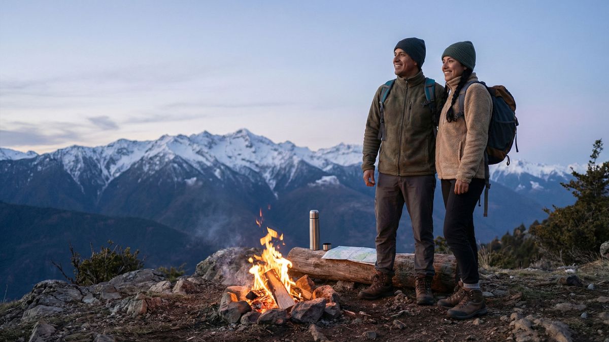 Una pareja tradicional de pie en un entorno natural y agreste.