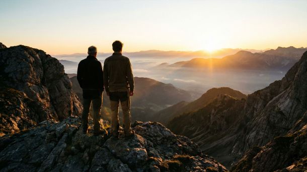 A father and son observing a mountain landscape, symbolizing guidance and the passing of a masculine legacy.