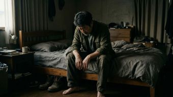 早朝の光の中でベッドの端に座り、ストレスと睡眠不足の影響を感じる男性
