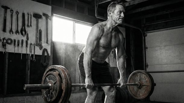 Homme mûr effectuant un soulevé de terre lourd pour maintenir la masse musculaire et la densité osseuse.