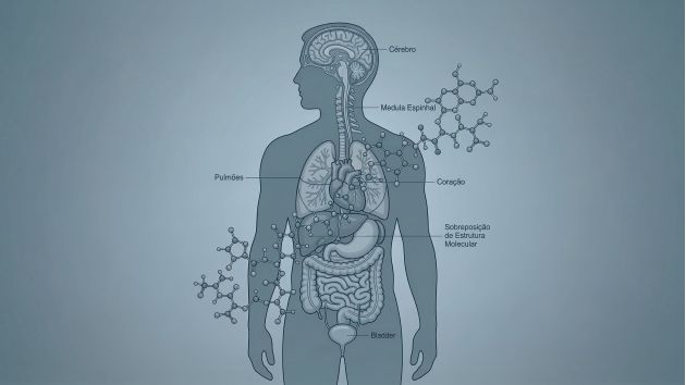 Ilustração de uma figura masculina sobreposta à estrutura molecular de microplásticos, representando a previsão de declínio dos níveis de testosterona até 2050.