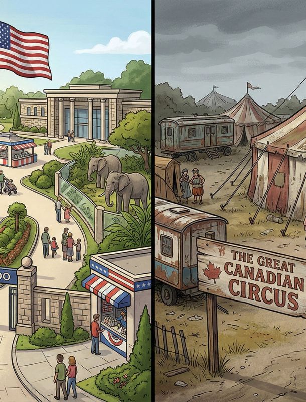 An illustration showing the modern American political zoo and the run down Canadian political circus.
