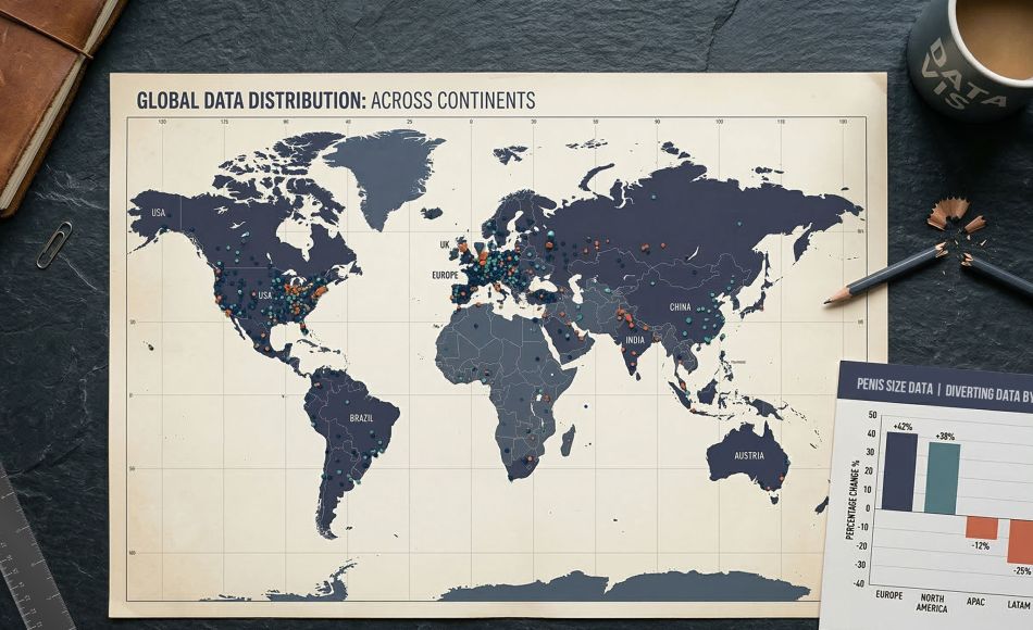 A world map with regional data points and a split measuring tape, representing ethnic and geographic gaps in the Veale 2015 penile size meta-analysis.