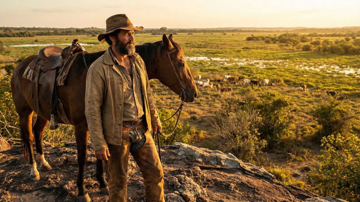 Um homem forte observando uma cadeia de montanhas, representando a virilidade masculina tradicional e o papel de provedor.