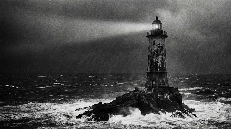 Ein stabiler Steinleuchtturm, der einem Sturm trotzt und nationale Stabilität symbolisiert.