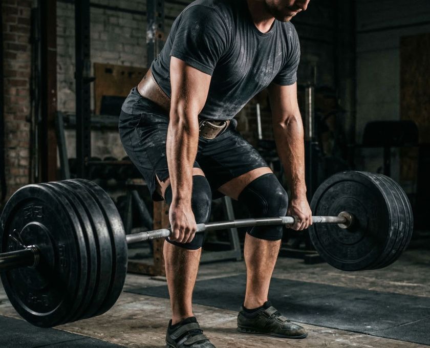 Mann führt ein schweres Langhantel-Kreuzheben mit Ganzkörperanspannung durch, was die Aktivierung des Beckenbodens und die Rumpfstabilität bei männlichen Athleten veranschaulicht.