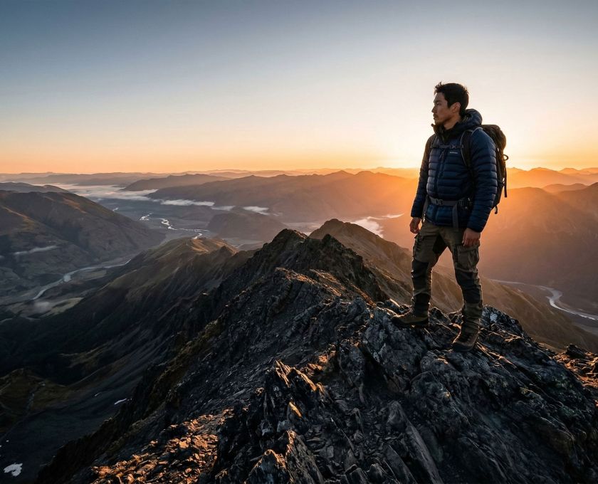 日の出の中、広い谷を見渡す岩山の頂上に立つ男性。