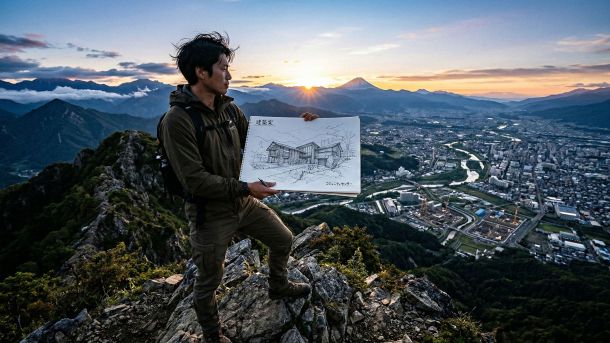 力強く立って風景を見渡す男性で、リーダーシップとビジョンを象徴。