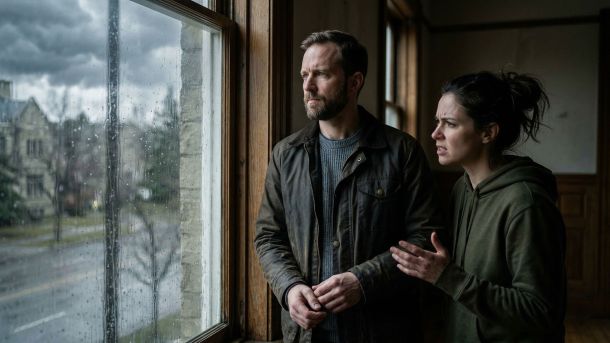 Ein stoischer Mann bewahrt die Fassung in einem schwierigen Gespräch.