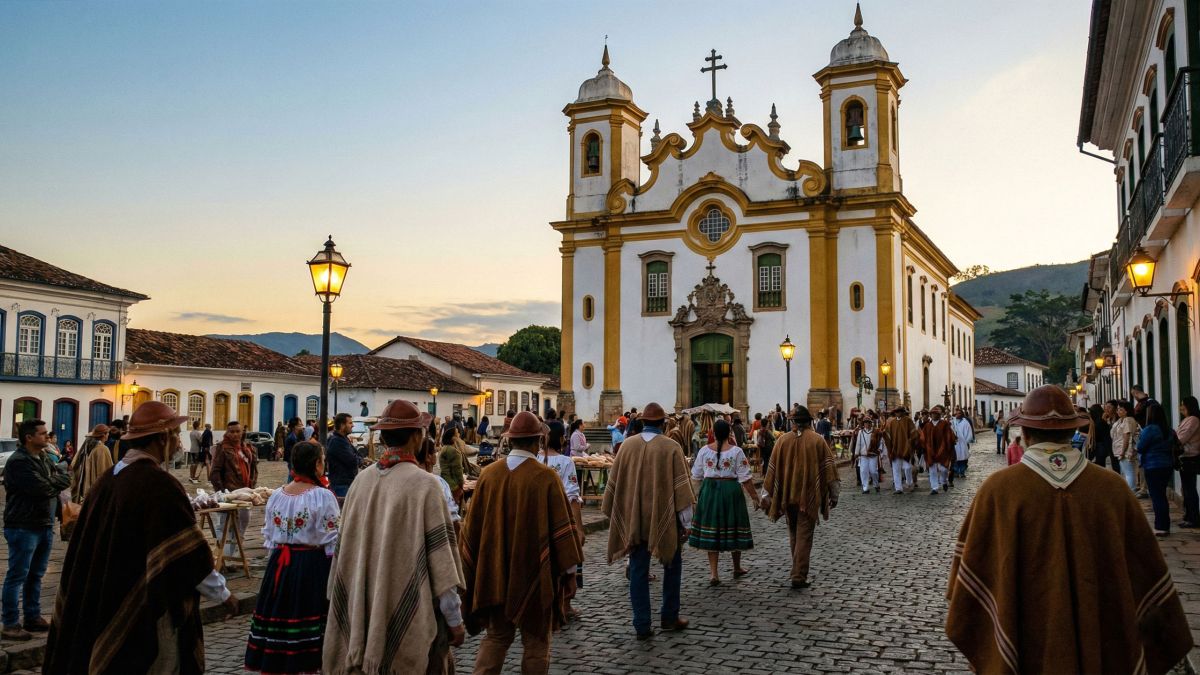 Uma praça colonial histórica e tranquila representando valores tradicionais de comunidade.